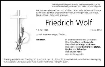 Anzeige von Friedrich Wolf von MGO