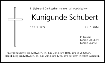 Anzeige von Kunigunde Schubert von MGO