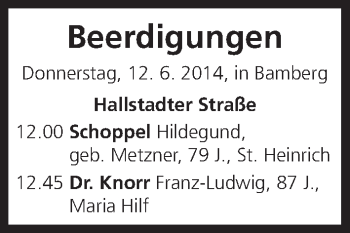 Anzeige von Beerdigungen vom 12.06.2014 von MGO