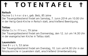 Anzeige von Totentafel vom 07.06.2014 von MGO