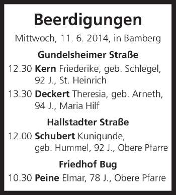 Anzeige von Beerdigungen vom 11.06.2014 von MGO