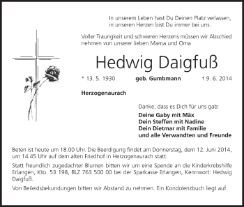 Anzeige von Hedwig Daigfuß von MGO