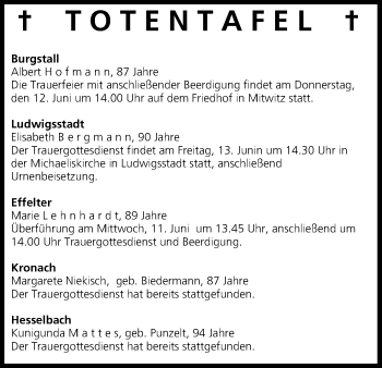 Anzeige von Totentafel vom 11.06.2014 von MGO