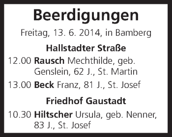 Anzeige von Beerdigungen 13.06.2014 von MGO