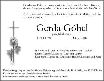 Anzeige von Gerda Göbel von MGO