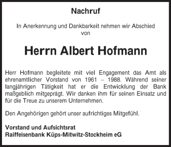 Anzeige von Albert Hofmann von MGO