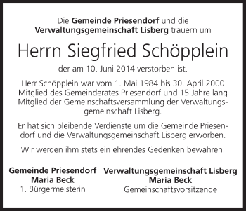 Anzeige von Siegfried Schöpplein von MGO
