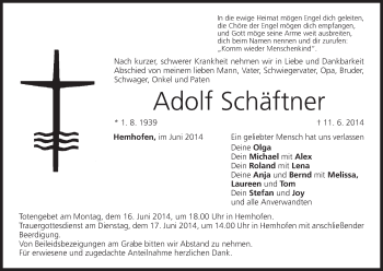 Anzeige von Adolf Schäftner von MGO
