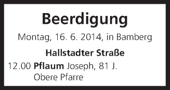 Anzeige von Beerdigungen vom 16.06.2014 von MGO