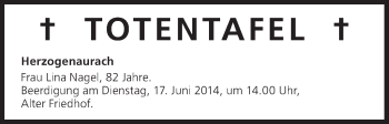 Anzeige von Totentafel vom 16.06.2014 von MGO