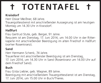 Anzeige von Totentafel vom 16.06.2014 von MGO