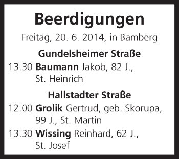 Anzeige von Beerdigungen vom 19.06.2014 von MGO