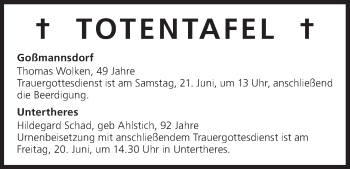 Anzeige von Totentafel vom 19.06.2014 von MGO
