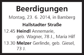 Anzeige von Beerdigungen vom 23.06.2014 von MGO