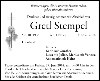 Anzeige von Gretl Stempel von MGO
