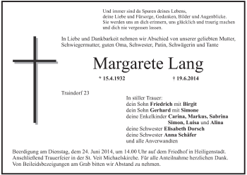 Anzeige von Margarete Lang von MGO