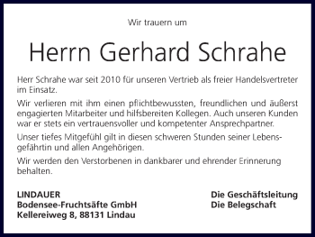 Anzeige von Gerhard Schrahe von MGO