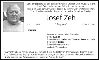 Anzeige von Josef Zeh von MGO