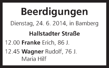 Anzeige von Beerdigungen vom 24.06.2014 von MGO