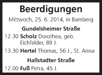 Anzeige von Beerdigungen 25.06.2014 von MGO
