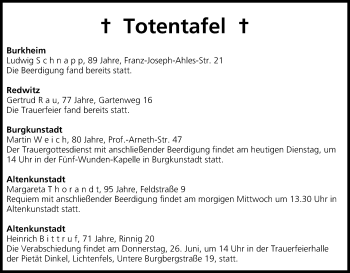Anzeige von Totentafel vom 24.06.2014 von MGO