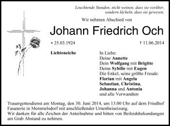 Anzeige von Johann Friedrich Och von MGO