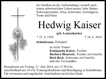 Anzeige von Hedwig Kaiser von MGO