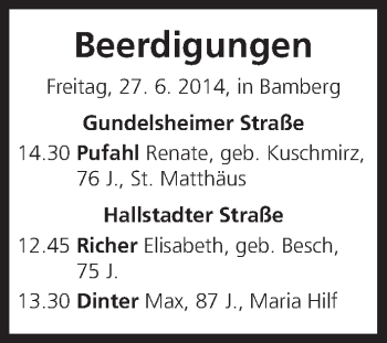 Anzeige von Beerdigungen vom 27.06.2014 von MGO