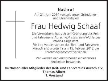 Anzeige von Hedwig Schaaf von MGO