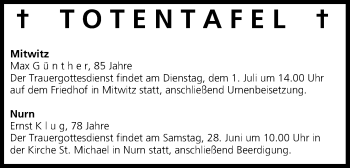 Anzeige von Totentafel vom 28.06.2014 von MGO