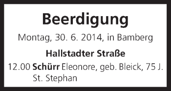 Anzeige von Beerdigungen vom 30.06.2014 von MGO