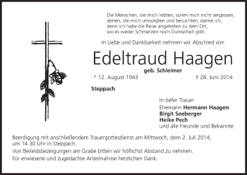 Anzeige von Edeltraud Haagen von MGO