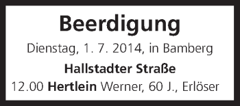 Anzeige von Beerdigung vom 01.07.2014 von MGO