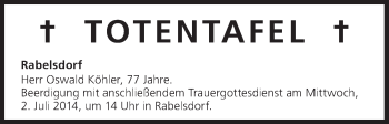 Anzeige von Totentafel vom 01.07.2014 von MGO