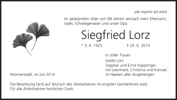 Anzeige von Siegfried Lorz von MGO