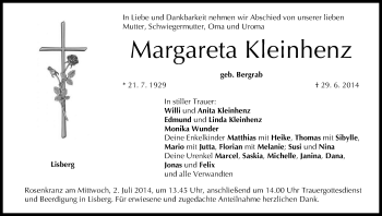 Anzeige von Margareta Kleinhenz von MGO