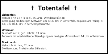 Anzeige von Totentafel vom 02.07.2014 von MGO