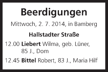 Anzeige von Beerdigungen vom 02.07.2014 von MGO