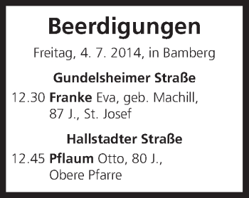 Anzeige von Beerdigungen vom 04.07.2014 von MGO