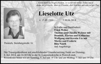 Anzeige von Lieselotte Utz von MGO