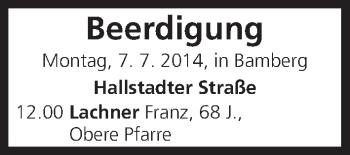 Anzeige von Beerdigung vom 07.07.2014 von MGO