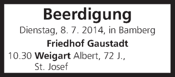 Anzeige von Beerdigung vom 08.07.2014 von MGO