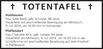 Anzeige von Totentafel vom 08.07.2014 von MGO