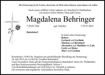 Anzeige von Magdalena Behringer von MGO