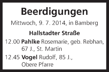 Anzeige von Beerdigungen vom 09.07.2014 von MGO