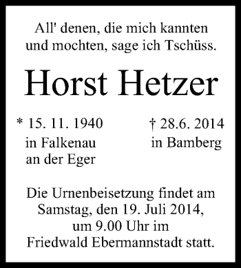 Anzeige von Horst Hetzer von MGO