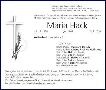 Anzeige von Maria Hack von MGO