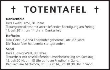 Anzeige von Totentafel vom 11.07.2014 von MGO
