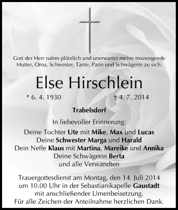 Anzeige von Else Hirschlein von MGO