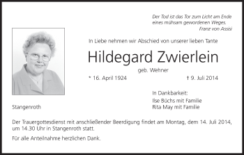 Anzeige von Hildegard Zwierlein von MGO